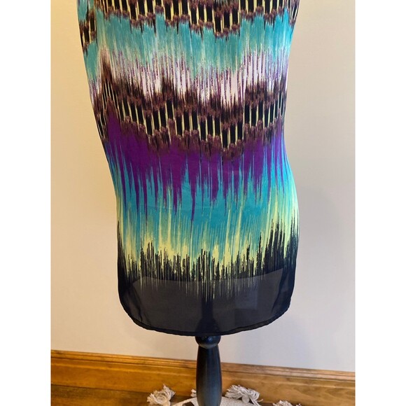 Bisou Bisou Blouse Size Large Top Purple Green Silky Feel Sleeveless Woven Neck - Picture 5 of 10